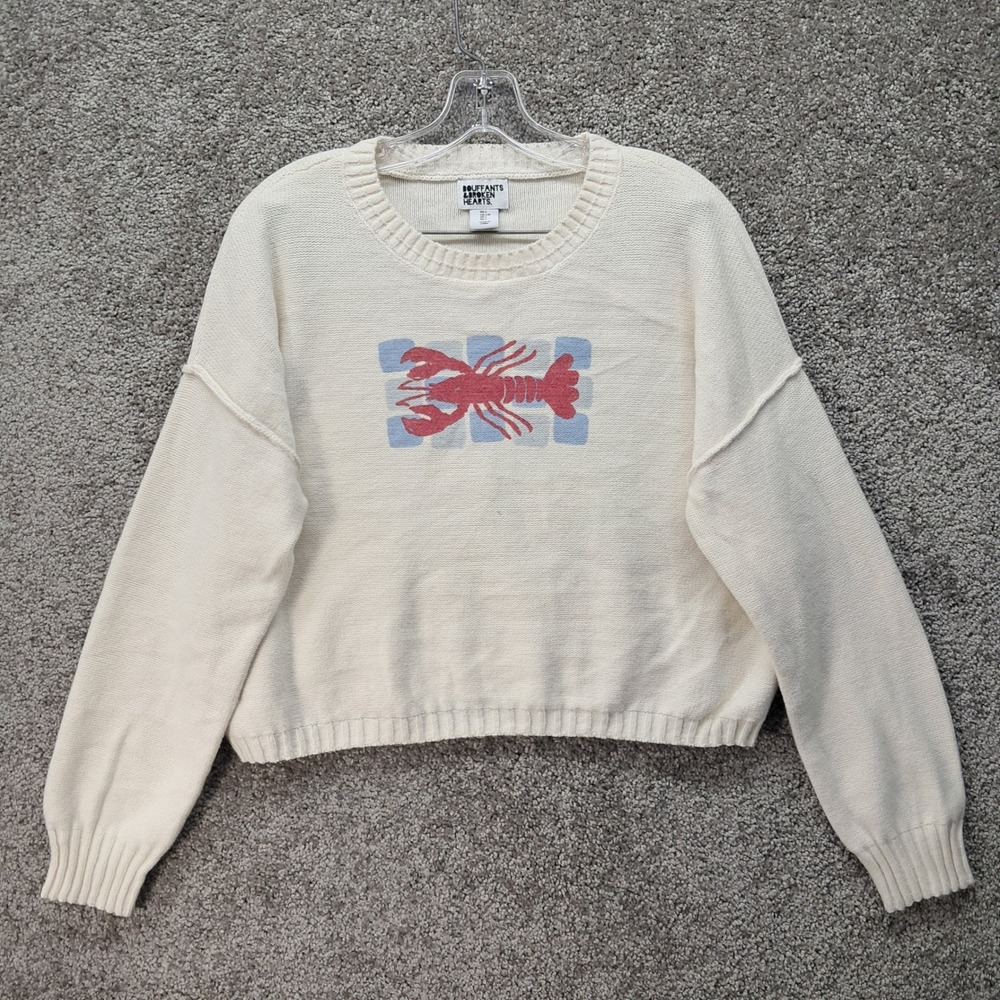 Bouffants & Broken Hearts Womens Cream Lobster Graphic Knit Sweater Large 6759